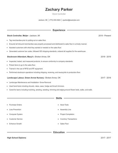Stock Controller Resume