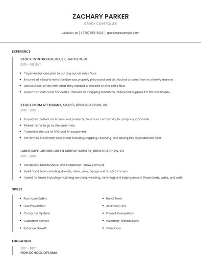 Stock Controller Resume