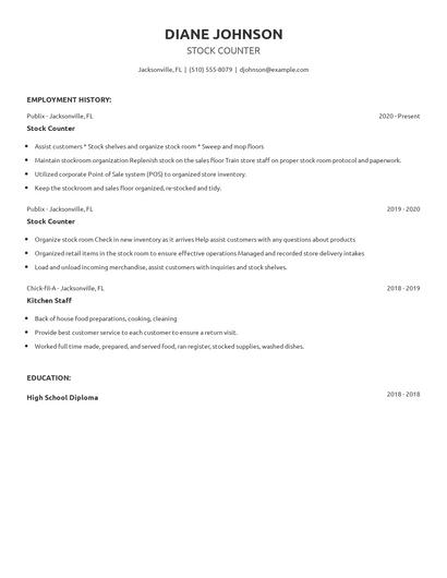 Stock Counter Resume
