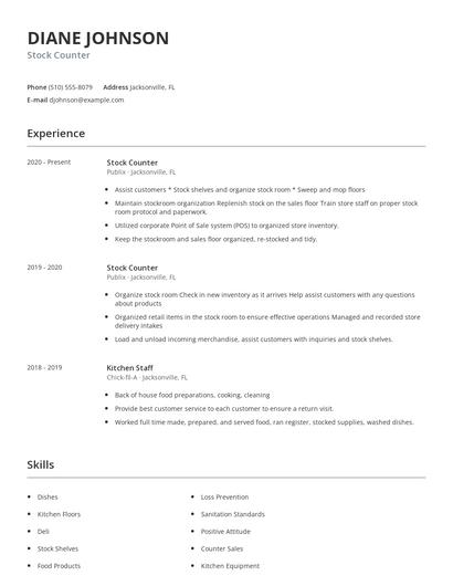 Stock Counter Resume