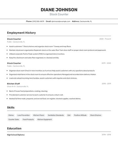 Stock Counter Resume