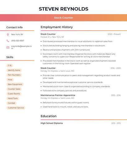 Stock Counter Resume