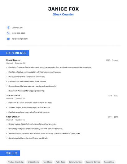 Stock Counter Resume