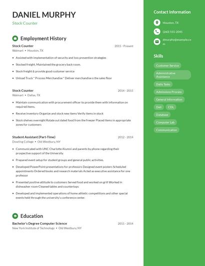 Stock Counter Resume