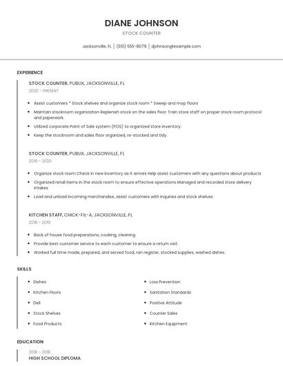 Stock Counter Resume