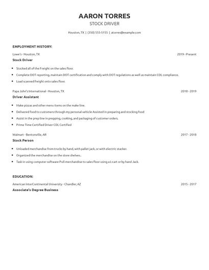 Stock Driver Resume