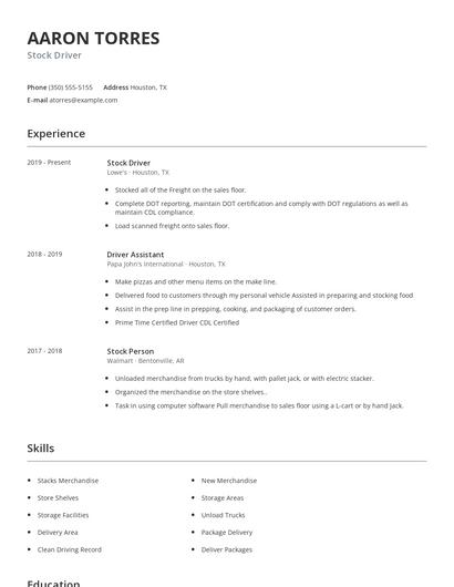 Stock Driver Resume