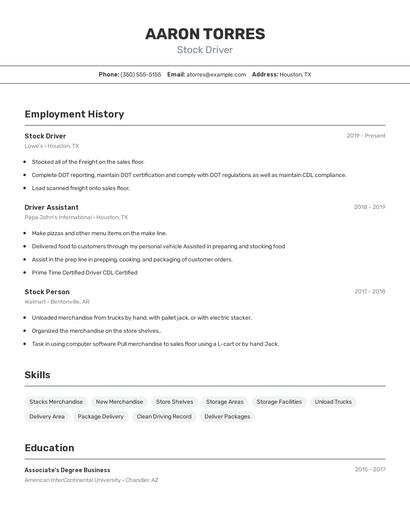 Stock Driver Resume
