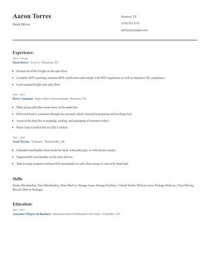 Stock Driver Resume