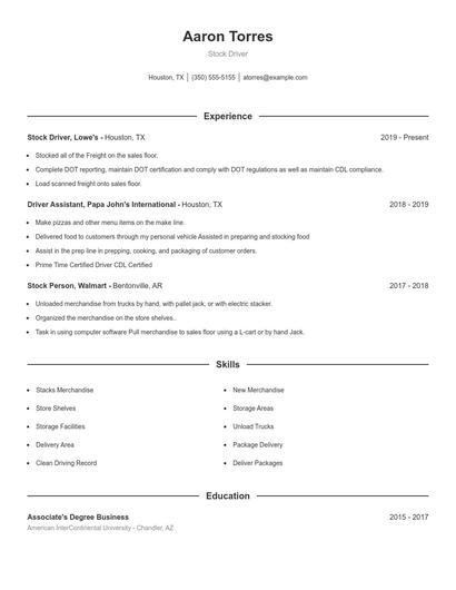 Stock Driver Resume