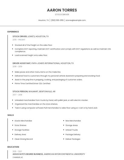 Stock Driver Resume
