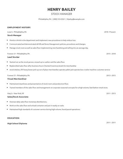 Stock Manager Resume