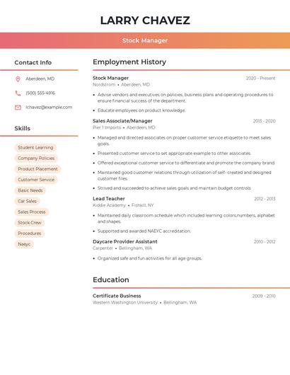 Stock Manager Resume