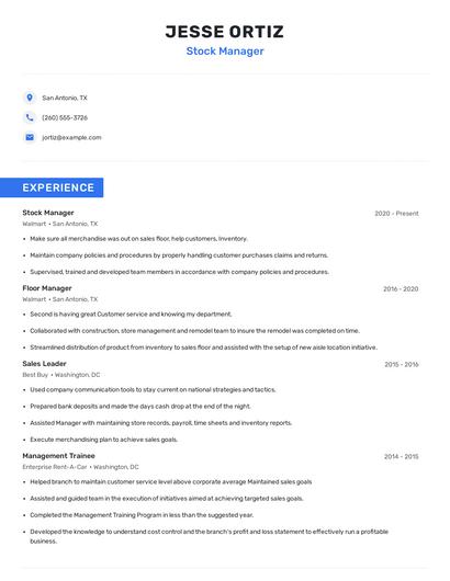 Stock Manager Resume