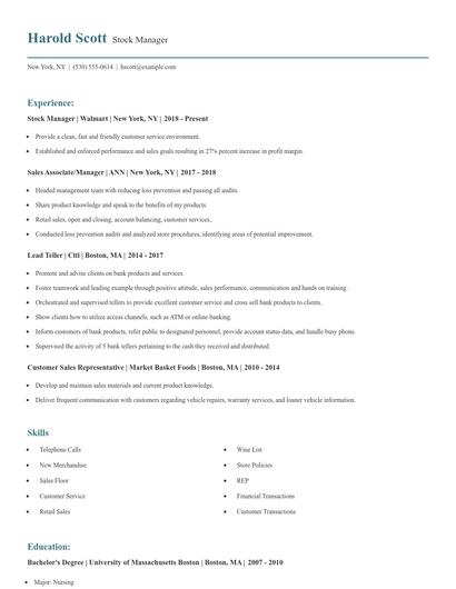 Stock Manager Resume