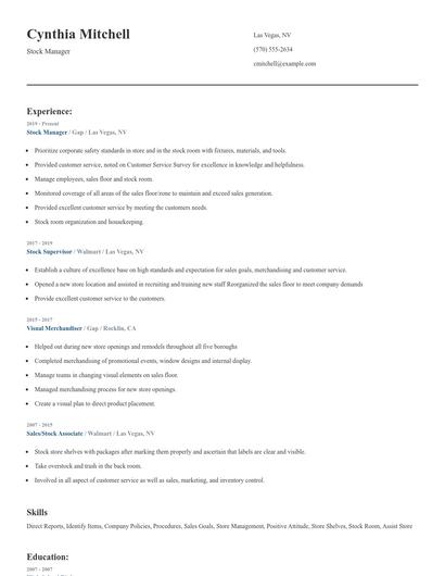 Stock Manager Resume