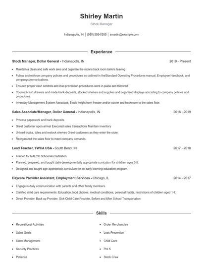 Stock Manager Resume