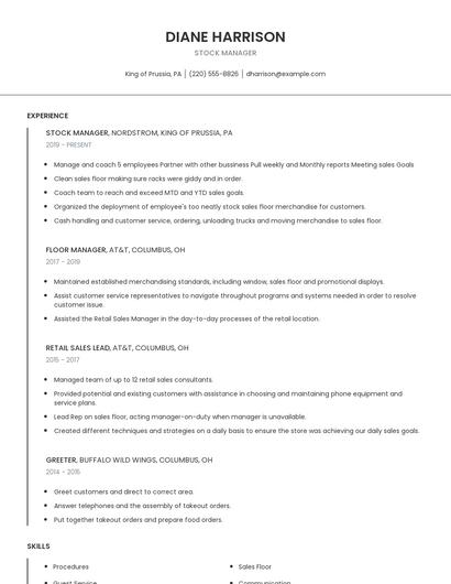 Stock Manager Resume