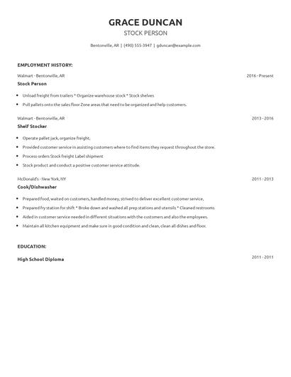 Stock Person Resume
