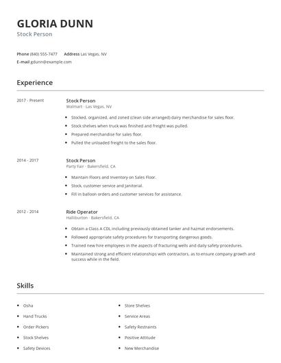 Stock Person Resume
