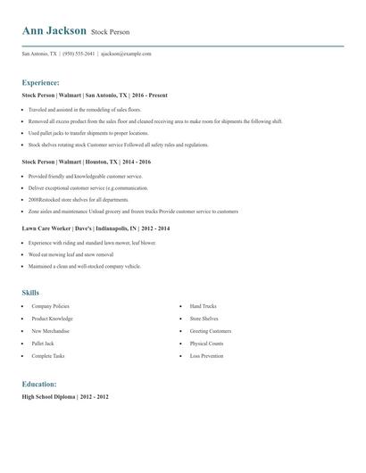 Stock Person Resume