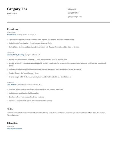 Stock Person Resume