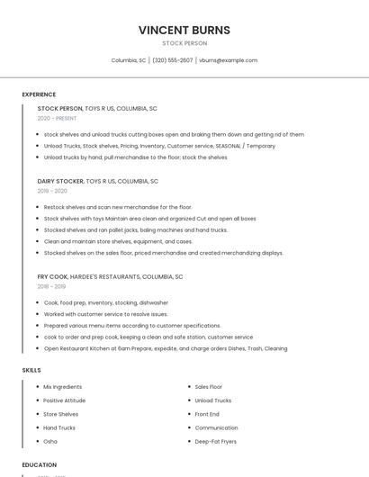 Stock Person Resume