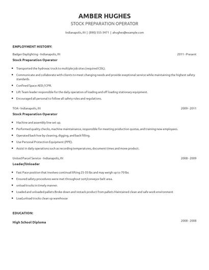 Stock Preparation Operator Resume
