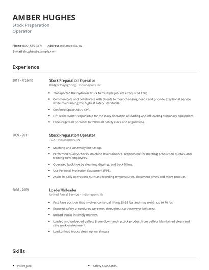 Stock Preparation Operator Resume