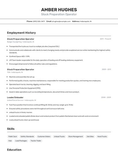 Stock Preparation Operator Resume