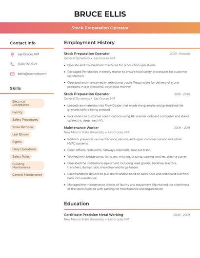 Stock Preparation Operator Resume