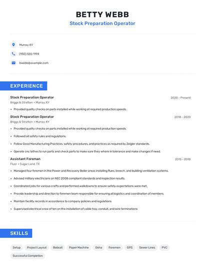 Stock Preparation Operator Resume