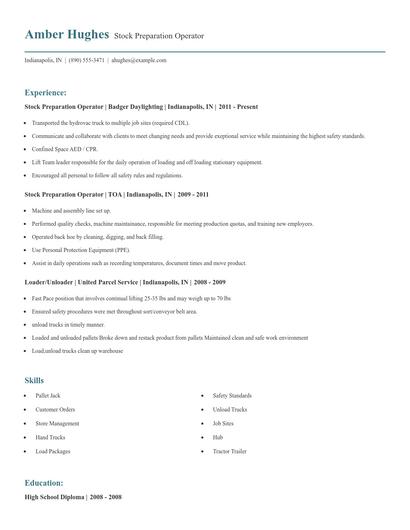 Stock Preparation Operator Resume