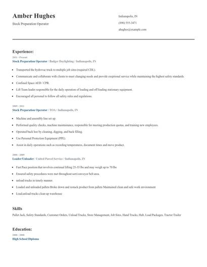 Stock Preparation Operator Resume