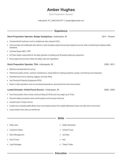 Stock Preparation Operator Resume