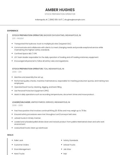 Stock Preparation Operator Resume