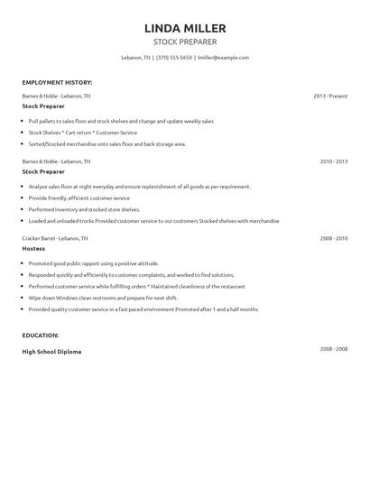 Stock Preparer Resume