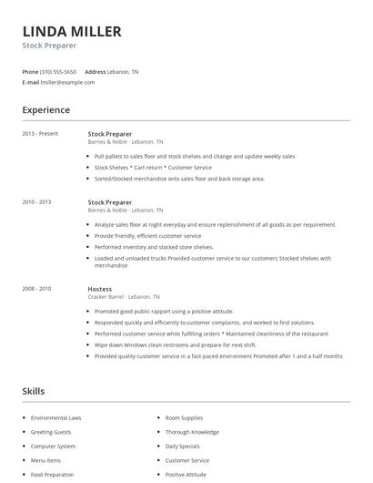 Stock Preparer Resume