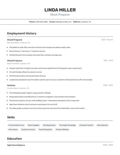Stock Preparer Resume