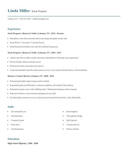 Stock Preparer Resume