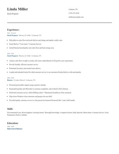 Stock Preparer Resume