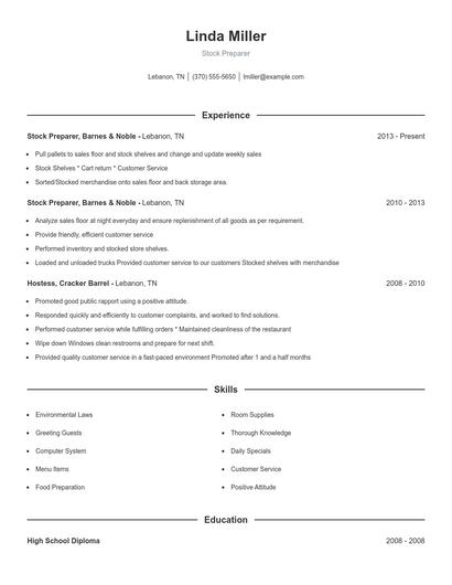 Stock Preparer Resume