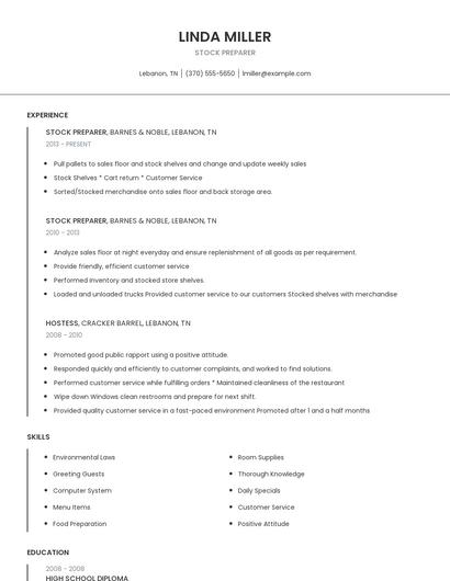 Stock Preparer Resume