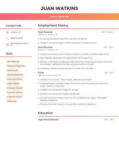 Stock Receiver Resume