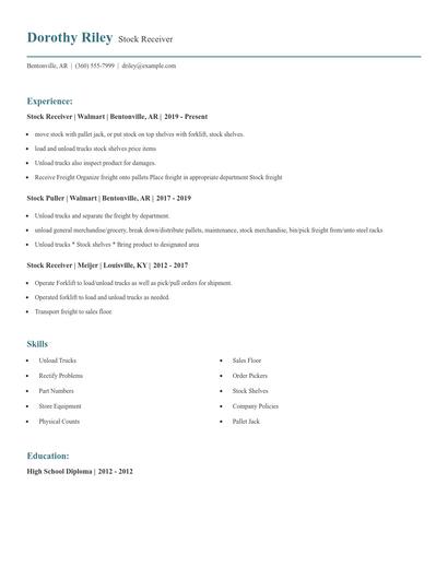 Stock Receiver Resume