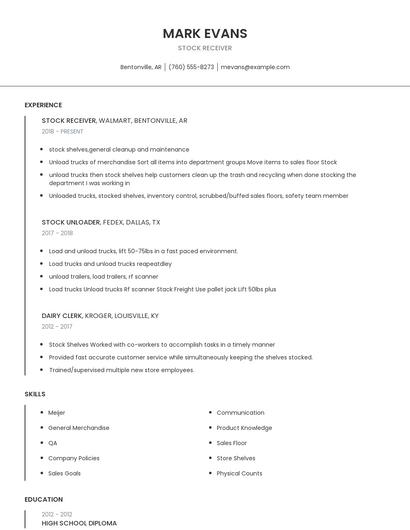 Stock Receiver Resume