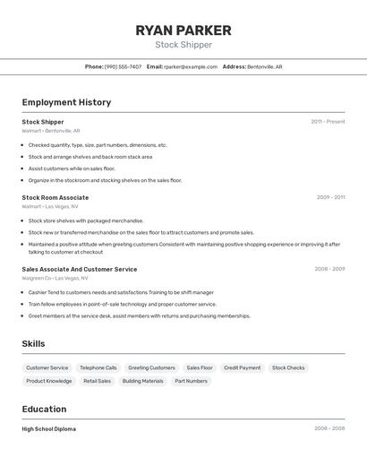 Stock Shipper Resume