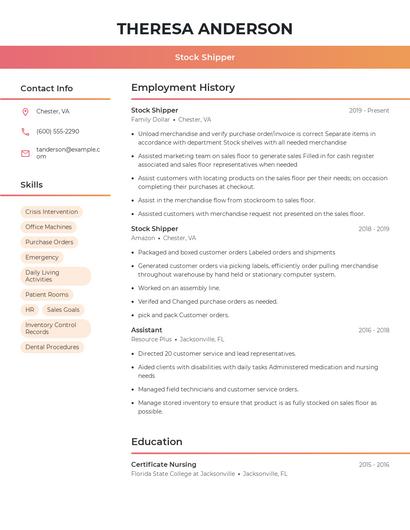 Stock Shipper Resume