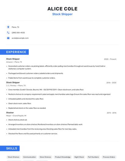 Stock Shipper Resume