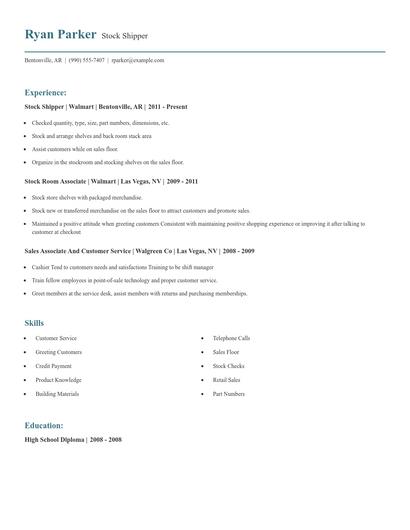 Stock Shipper Resume